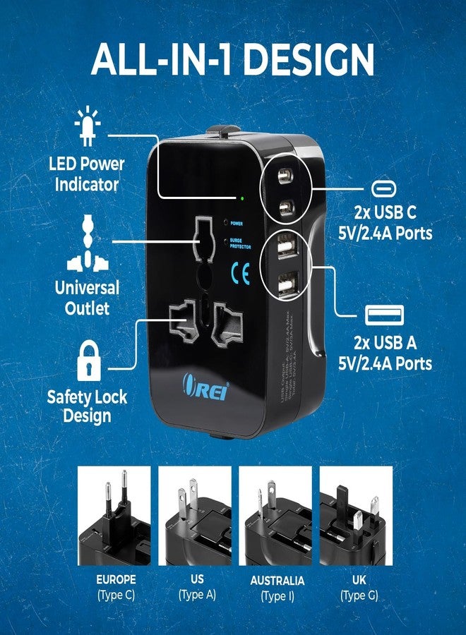 أوري محول سفر عالمي 5 في 1 من OREI مع منفذ USB-C - محول سفر دولي - منفذان USB-A ومنفذان USB-C (3.4 أمبير) - مقبس عالمي للولايات المتحدة الأمريكية والمملكة المتحدة وأوروبا وغيرها - حاصل على شهادتي CE وFCC - عبوة من قطعتين - Image 4